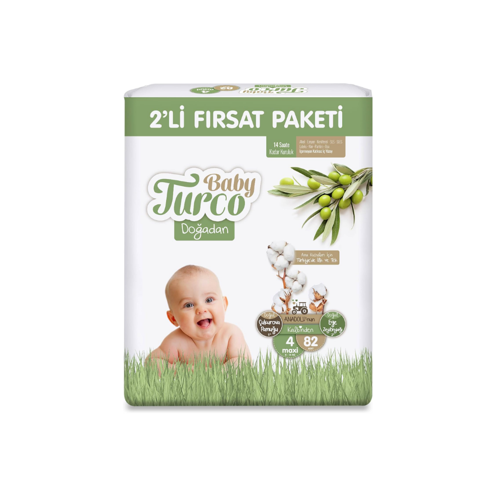 Baby Turco Doğadan 2'li Fırsat Paketi Bebek Bezi 4 Numara Maxi 82 Adet