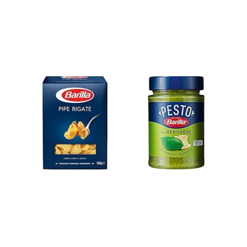 Barilla Mantı Makarna (Pipe Rigate) 500 g. ve Barilla Fesleğenli Pesto (Pesto Genovese) Makarna Sosu 190 g.