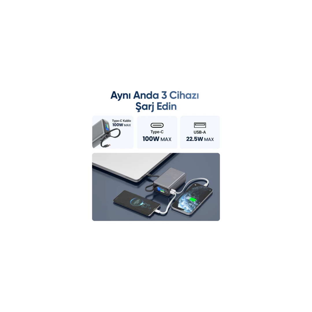 Juo 25000mAh 100W LED Ekranlı Type-C Kablolu Powerbank USB Macbook Notebook Telefon Taşınabilir PD