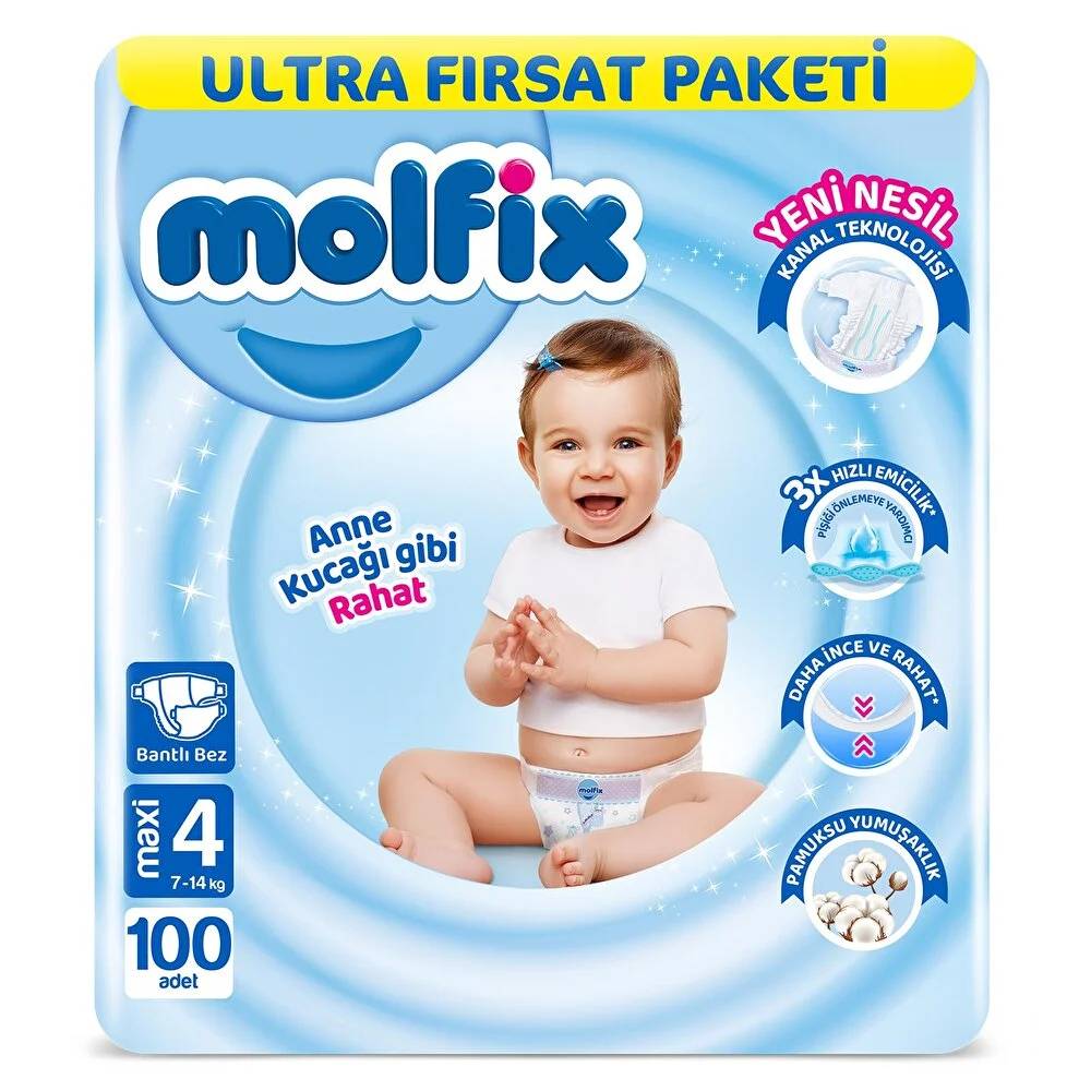 Molfix Bebek Bezi 4 Beden Maxi Ultra Fırsat Paketi 7-14 kg 100 Adet