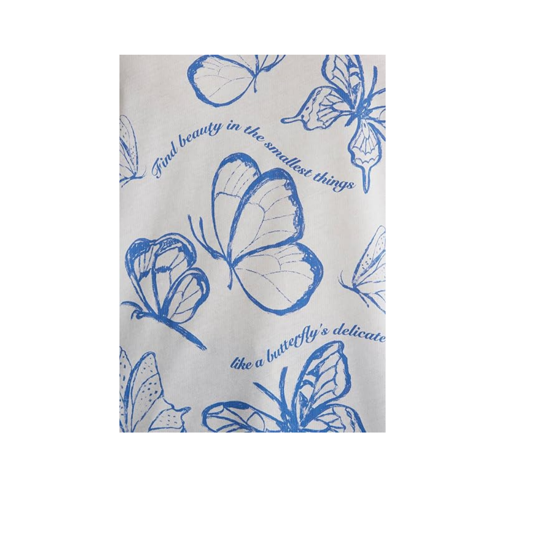 Kelebek Baskılı Beyaz Tişört Semi Slim Fit/Yarı Dar Kesim 1613455-70057