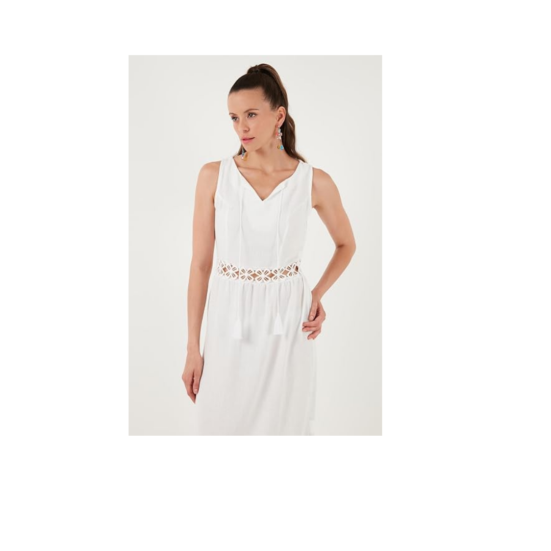 LELA Kadın Regular Fit Kolsuz Midi Elbise, Bel Detaylı Volanlı, Ekru, XL Beden
