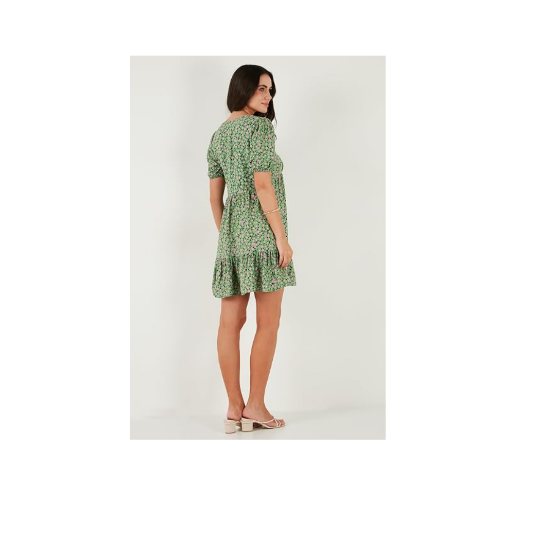 Lela Regular Fit V Yaka Balon Kol Desenli Mini Elbise Bayan ELBİSE 67810045