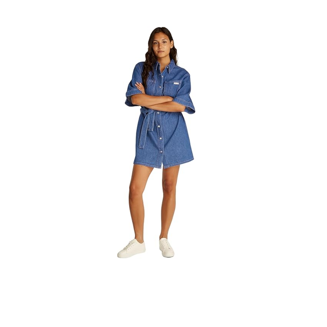 Calvin Klein LINEN BOXY BELTED SHIRT DRESS Elbise Kadın