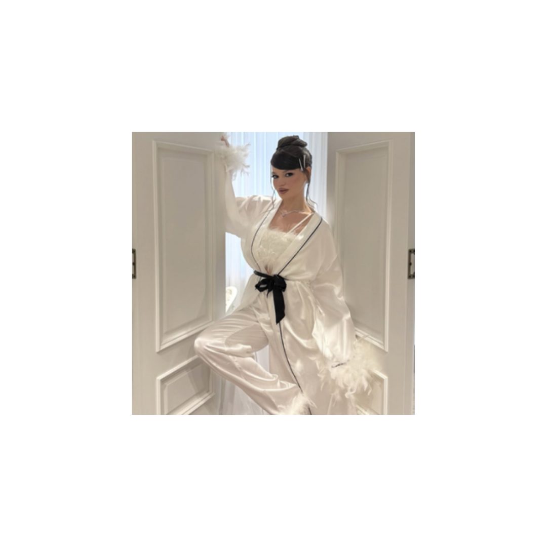 Swan Bridal Set - Tüy ve Biye Detaylı Kimono Takım