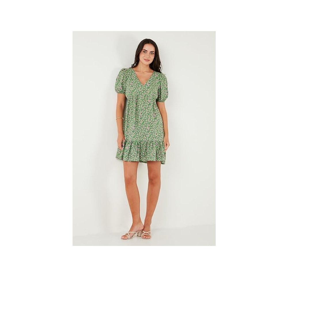 Lela Regular Fit V Yaka Balon Kol Desenli Mini Elbise Bayan ELBİSE 67810045