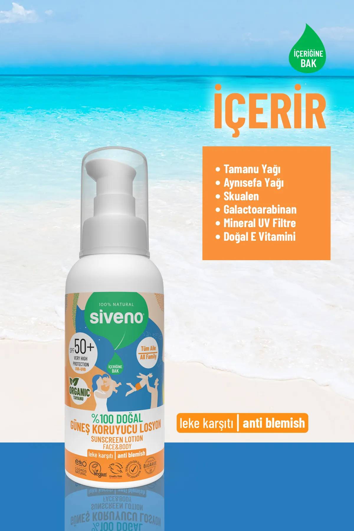 Siveno %100 Doğal ve Organik Tamanu Yağlı Güneş Losyonu Mineral Filtreli 50 SPF 100 ml