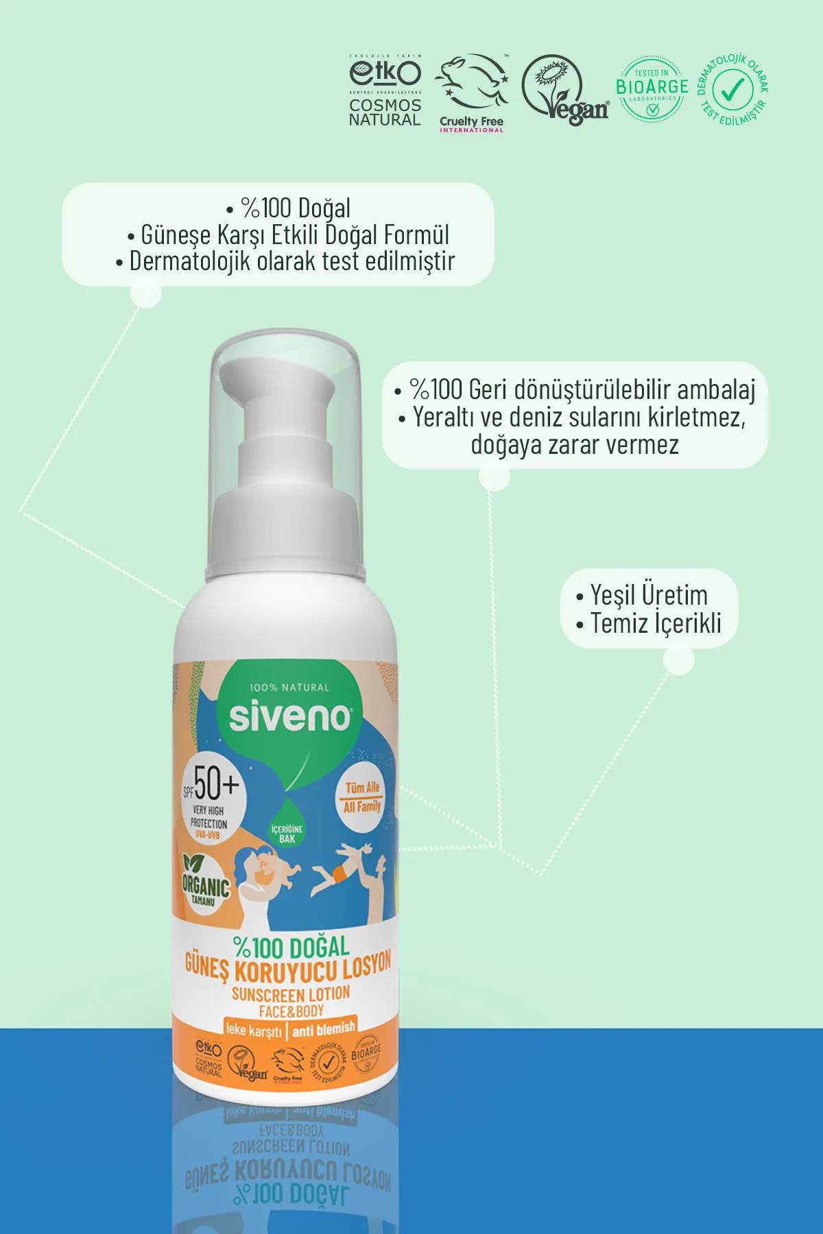 Siveno %100 Doğal ve Organik Tamanu Yağlı Güneş Losyonu Mineral Filtreli 50 SPF 100 ml