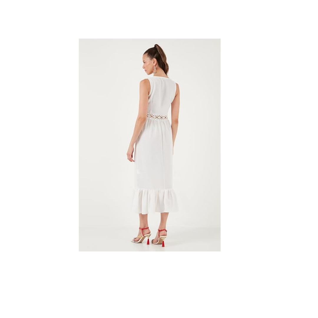 LELA Kadın Regular Fit Kolsuz Midi Elbise, Bel Detaylı Volanlı, Ekru, XL Beden