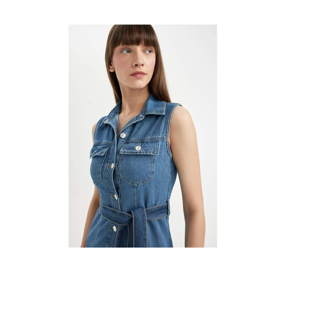 DeFacto Gömlek Yaka Kolsuz Kuşaklı Jean Midi Elbise, B5432AX24SM
