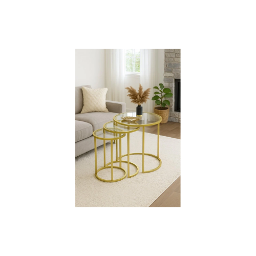 DEKOPRATİK Alya Gold Zigon Sehpa Üçlü Dekoratif Yan Sehpa Şeffaf Cam thumbnail