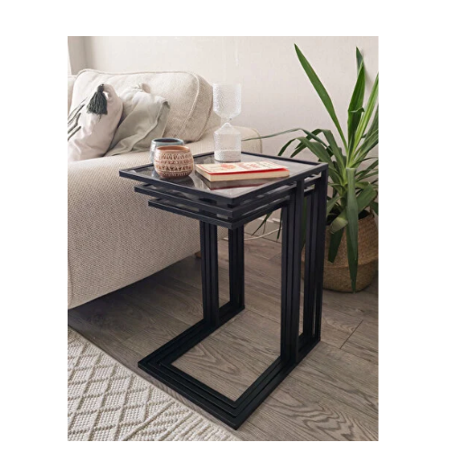 DEKOPRATİK Ibiza Üçlü C Zigon Sehpa Takımı Koltuk Sehpası Metal 3lü Yan Sehpa Füme Camlı