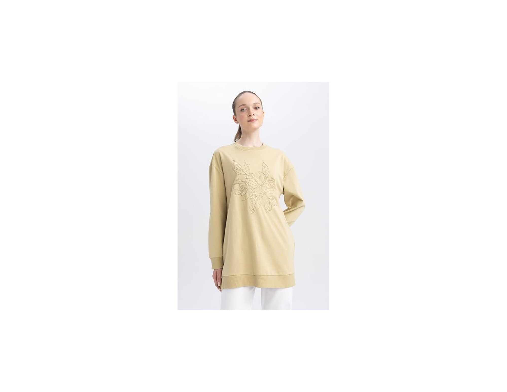 DeFacto Regular Fit Bisiklet Yaka İşlemeli Sweatshirt Tunik