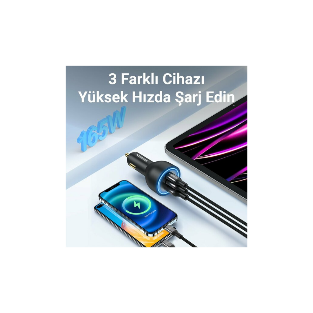 Rocoren 165W 3 Portlu PD3.1 2*Type-C ve USB-A Araç içi Hızlı Şarj Cihazı  1 Metre 240W Kablo