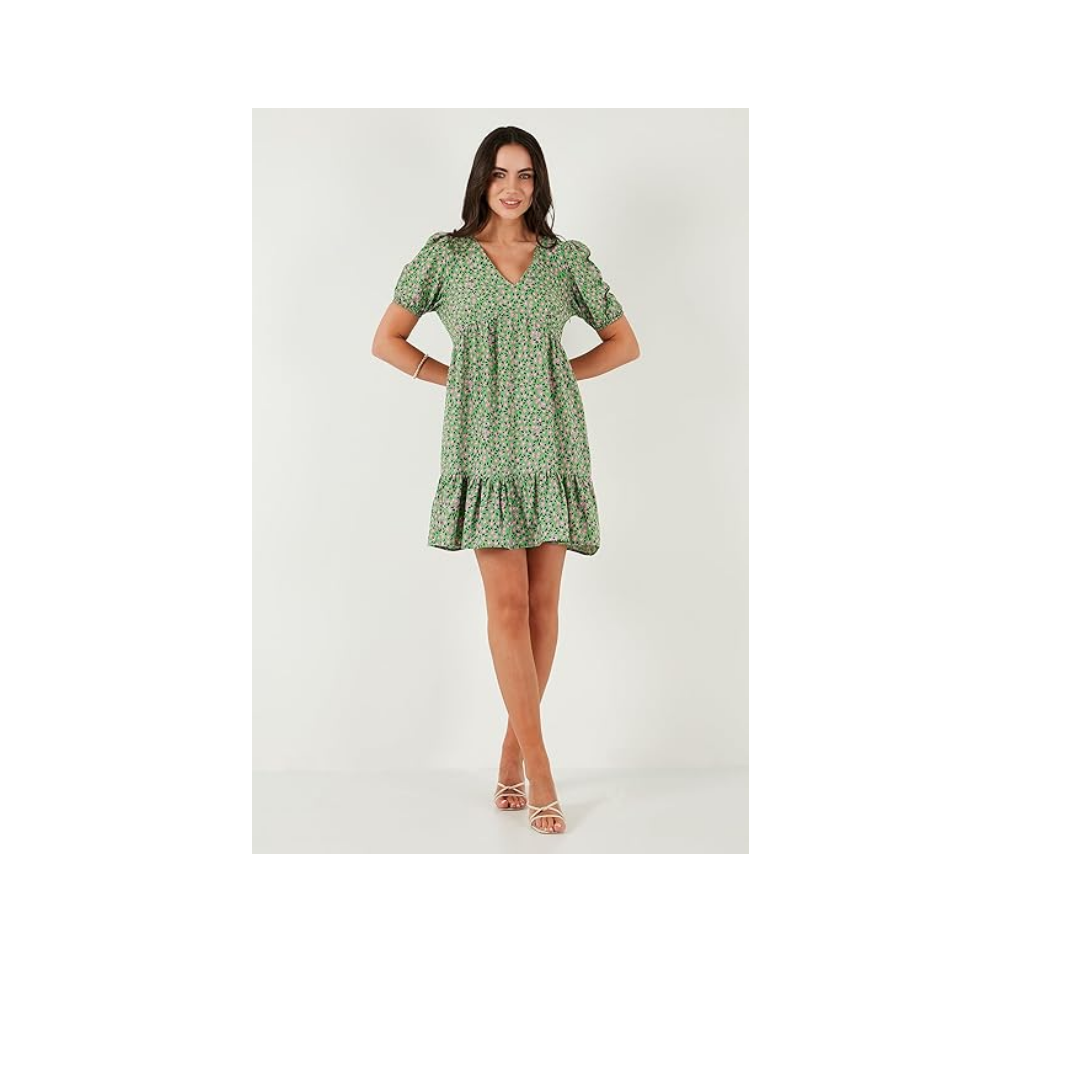 Lela Regular Fit V Yaka Balon Kol Desenli Mini Elbise Bayan ELBİSE 67810045
