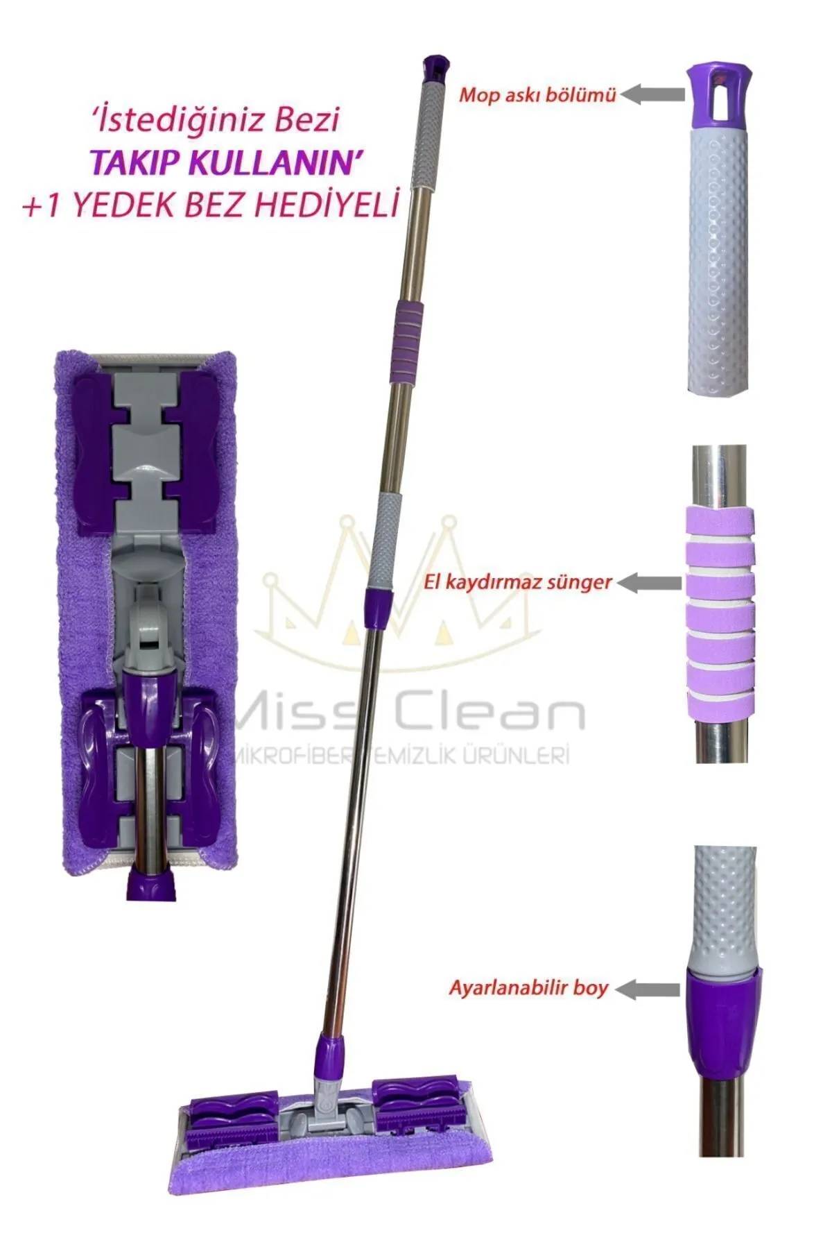 MissClean ( 1 Adet Yedek Bez Hediyeli ) Yer Mopu Fayans Duvar Yüzey Temizlik Mikrofiber Mandallı Mop