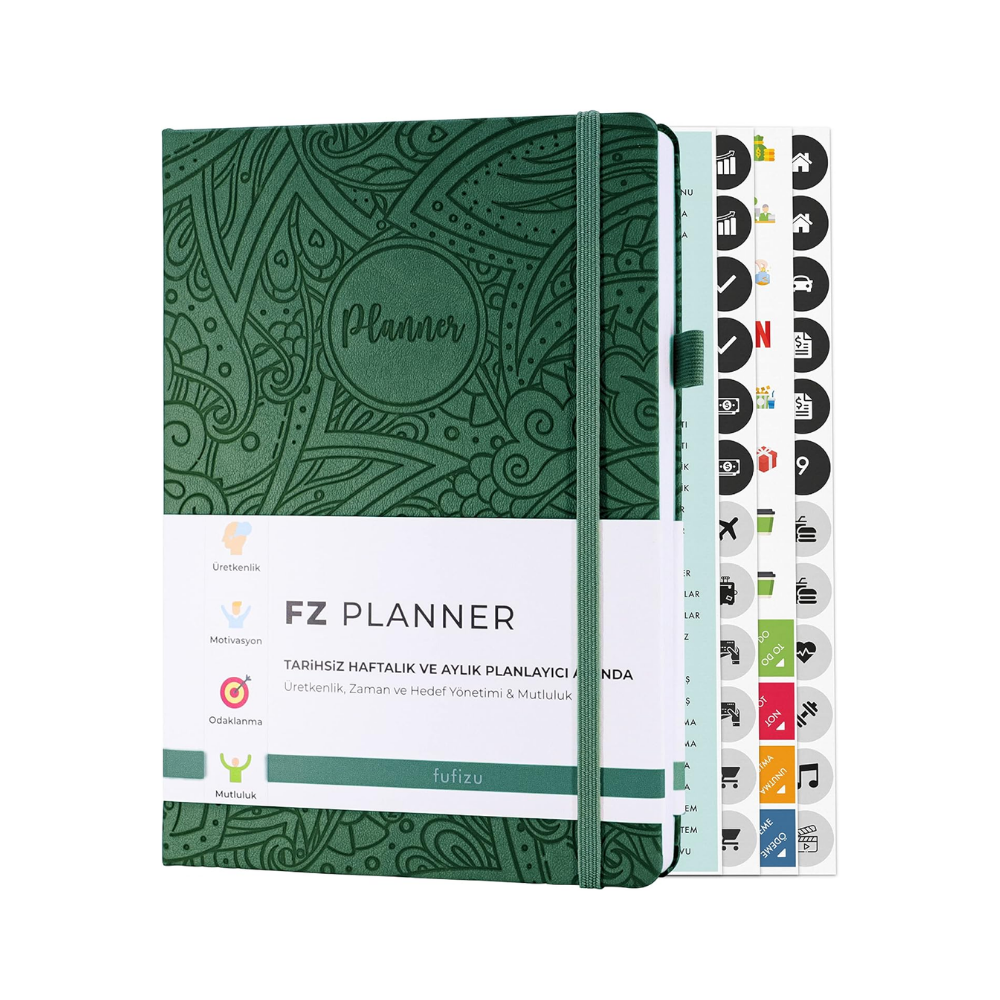 FUFİZU Fz Planner Tarihsiz Haftalık Planlayıcı Deri Ajanda Etnik, Yeşil