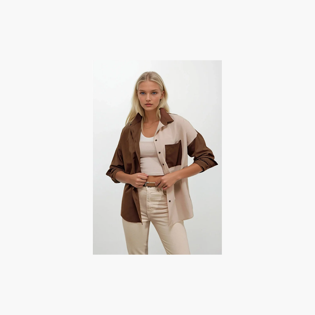 hazelin Kadın Kahverengi Krem Renk Bloklu Poplin Basic Gömlek HZL22S-BD1201161 48 BEDEN thumbnail
