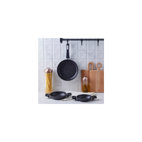 Karaca Biogranit Dide Siyah Granit Kaplamalı Düz Tava ve Sahan Seti 3 Parça 16-18-24 cm