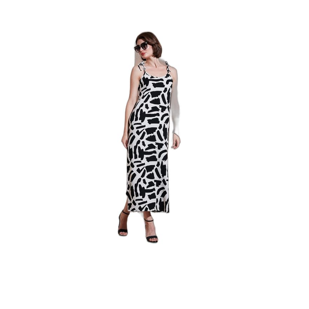 Lela Desenli Midi Boy Oversize Fit Bağlamalı İp Askılı Bisiklet Yaka Elbise Bayan ELBİSE 5869009
