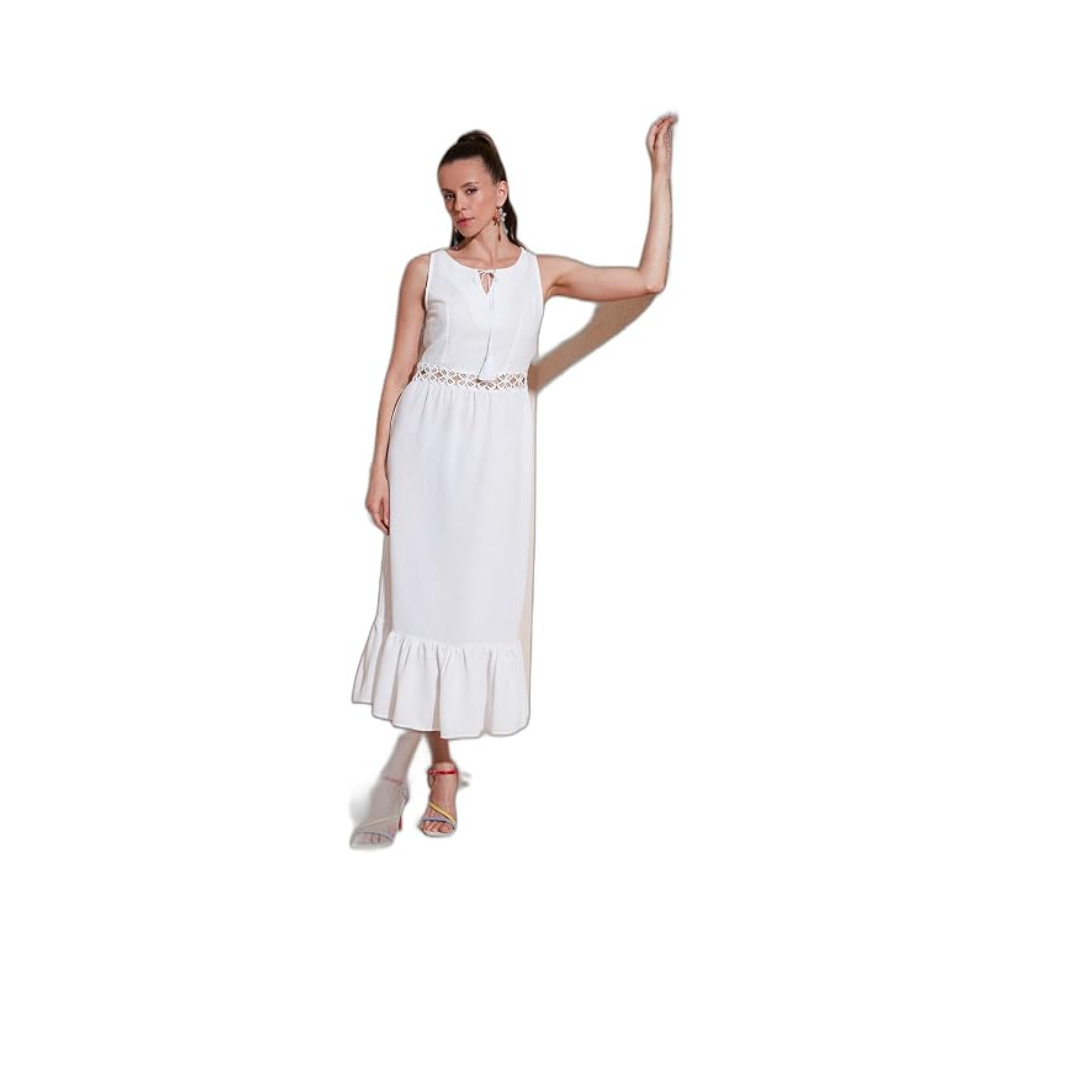 LELA Kadın Regular Fit Kolsuz Midi Elbise, Bel Detaylı Volanlı, Ekru, XL Beden