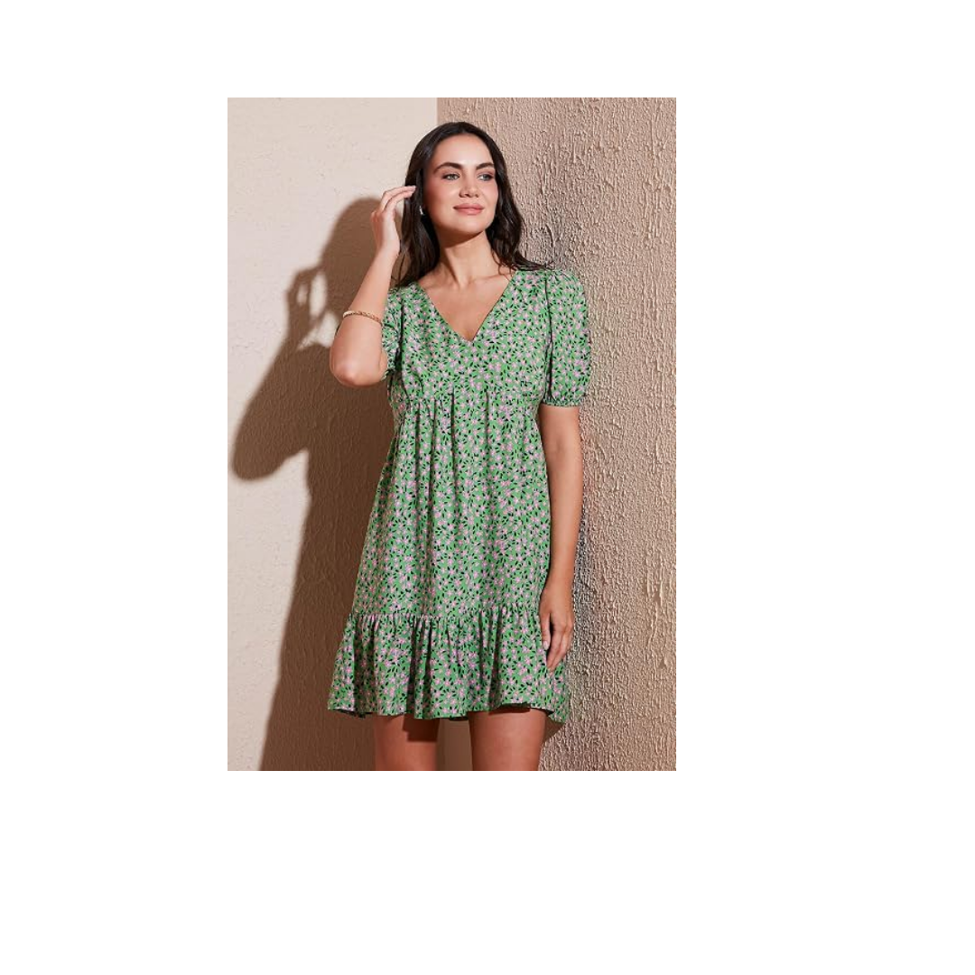 Lela Regular Fit V Yaka Balon Kol Desenli Mini Elbise Bayan ELBİSE 67810045
