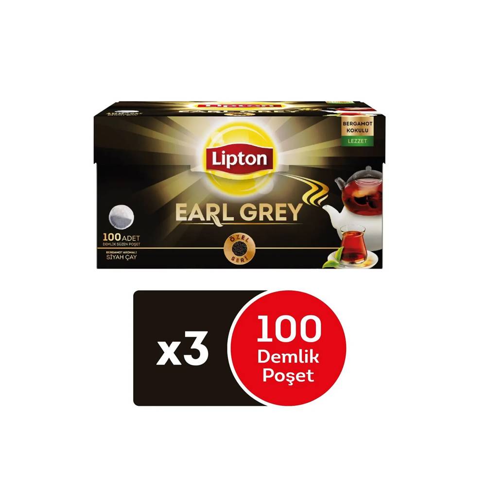 Lipton Earl Grey Özel Seri 100 Adet Demlik Süzen Poşet Bergamot Aromalı Siyah Çay x 3 Adet