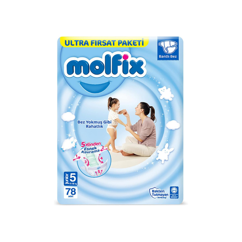Molfix Bebek Bezi 3D Junior 5 Beden Aylık Paket 78 Adet, Beyaz