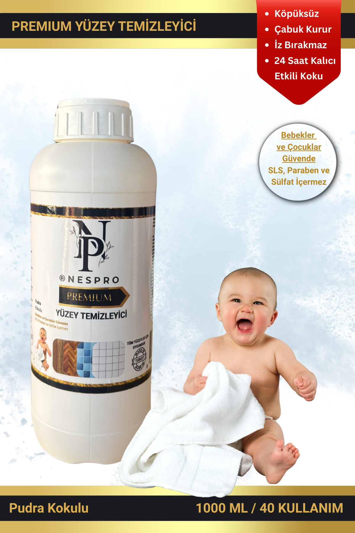 Nespro Premium Yüzey Temizleyici - Köpüksüz, Bebek ve Çocuk Yaşayan Evler İçin Uygun 1 Lt