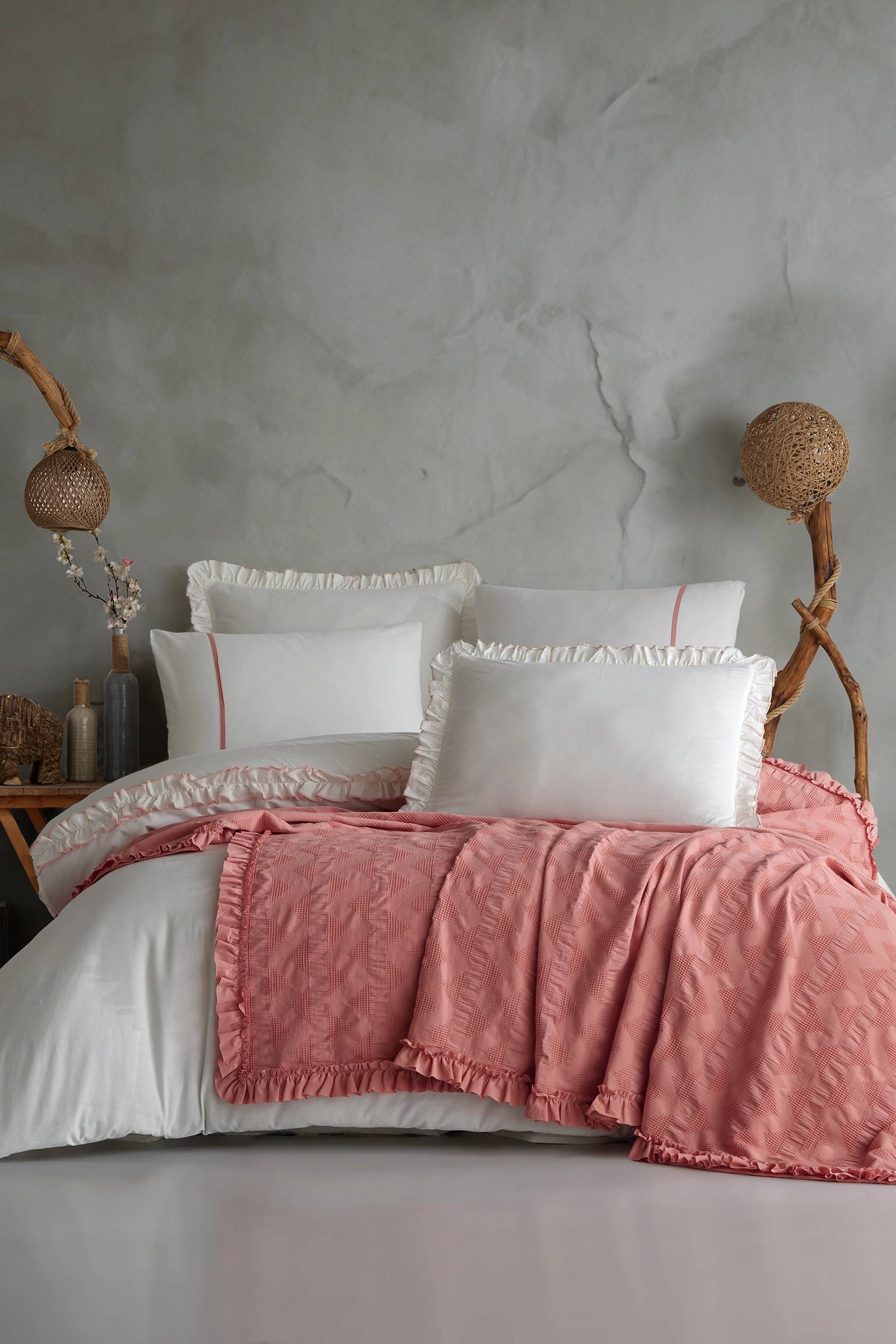 Özdilek Ruffle Çift Kişilik Gelin Seti (Pudra)