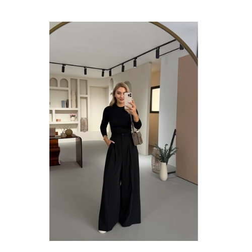 Özel Seri Çift Piliseli Siyah Palazzo Pantolon