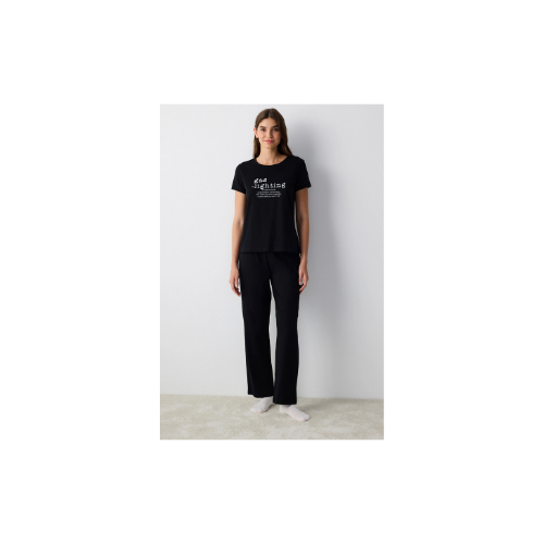 Pamuklu Gas-Lighting Siyah Pantolon Pijama Takımı