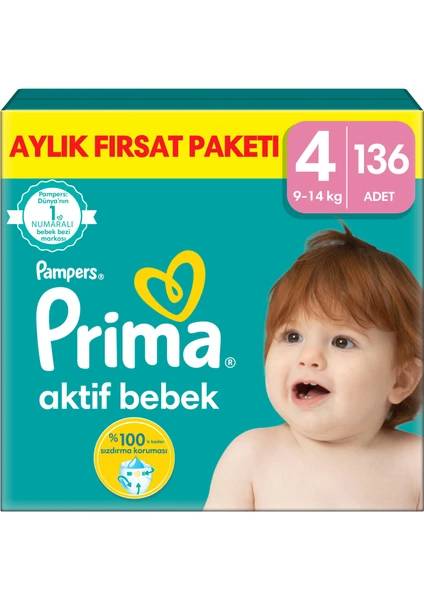 Prima Aktif Bebek, Bebek Bezi 4 Numara 136 Adet thumbnail