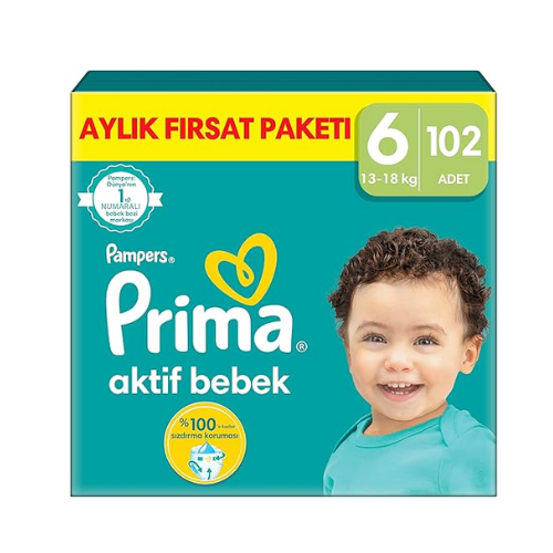 Prima Aktif Bebek, Bebek Bezi 6 Numara, 102 Adet Aylık Fırsat Paketi