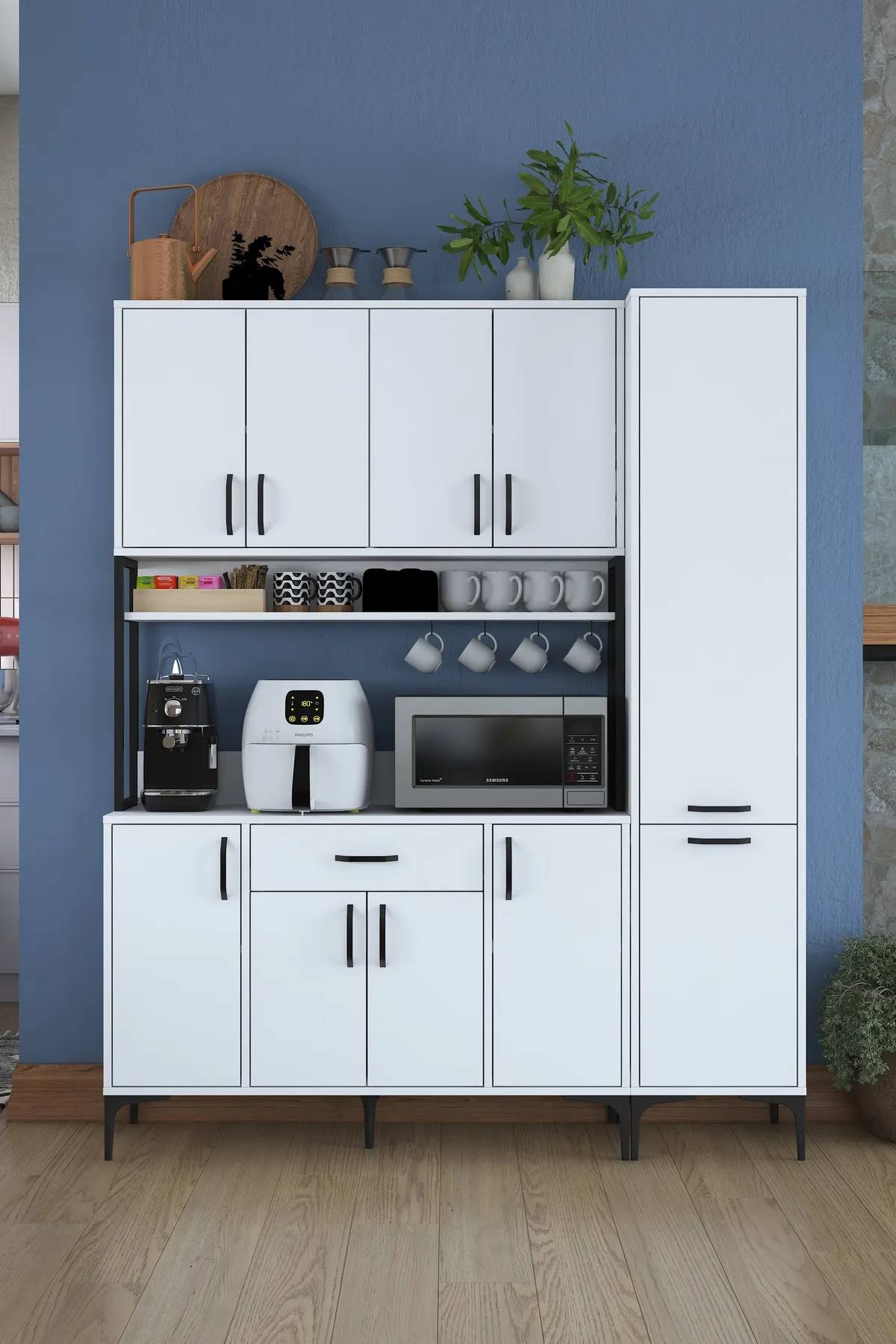 Rani Mobilya Rani JE134 Çok Amaçlı Dolap 10 Kapaklı 1 Çekmeceli Kiler Mutfak Dolabı Beyaz