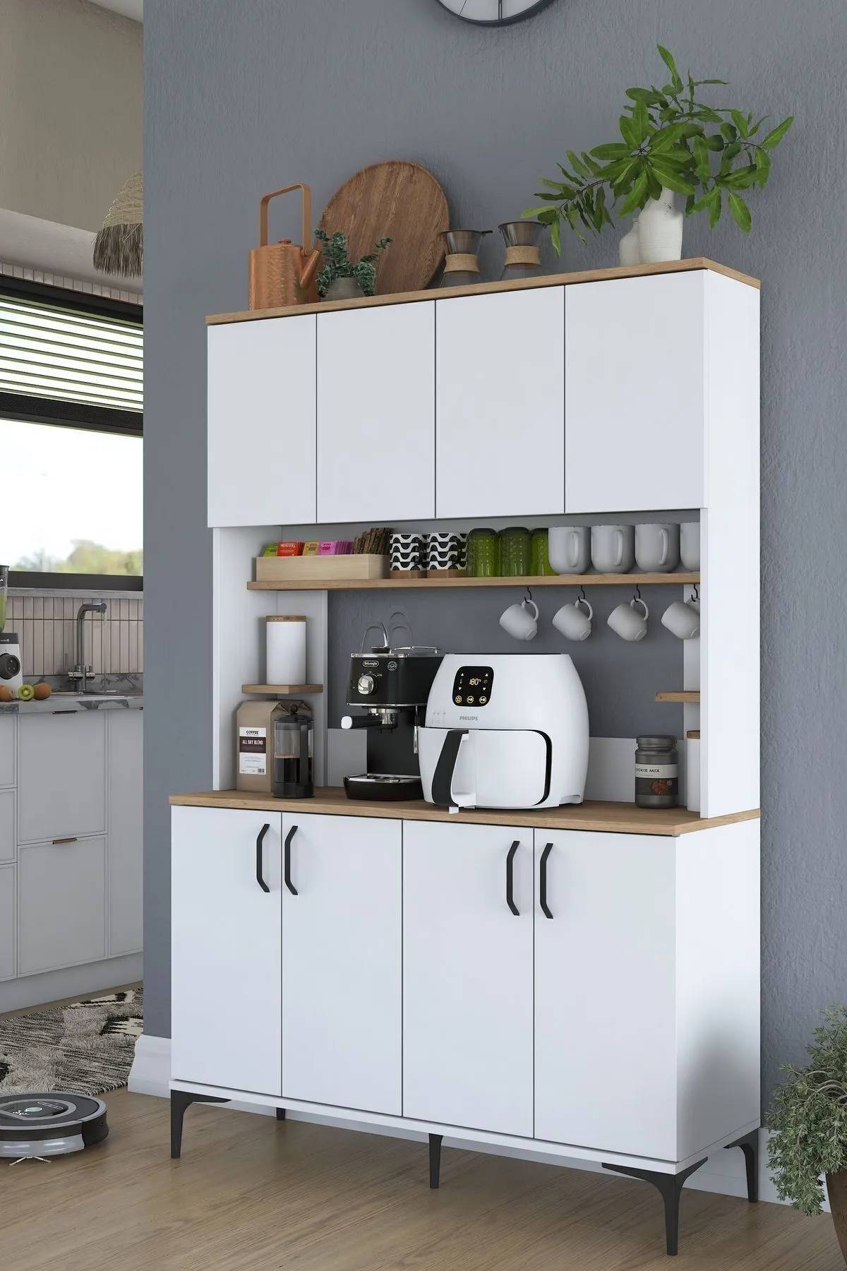 Rani Mobilya Rani JE176 Çok Amaçlı Dolap 8 Kapaklı Kiler Mutfak Dolabı Sepet Ceviz - Beyaz – Şıklık ve Düzeni Bir Arada!