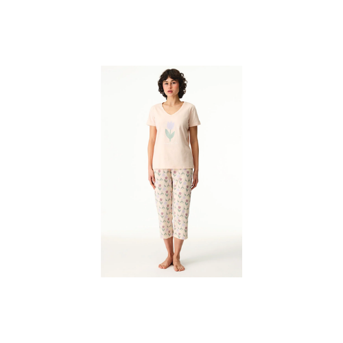 Renkli Tulips Pamuklu Kapri Pijama Takımı