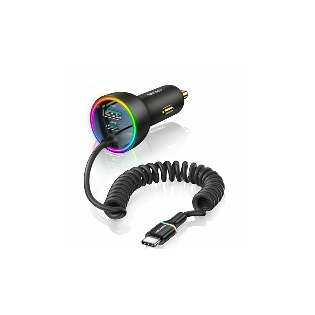 Rocoren 70W 3 Portlu 2*Type-C 1*USB-A Spiral Kablolu LED Işıklı Araç İçi Hızlı Şarj Cihazı