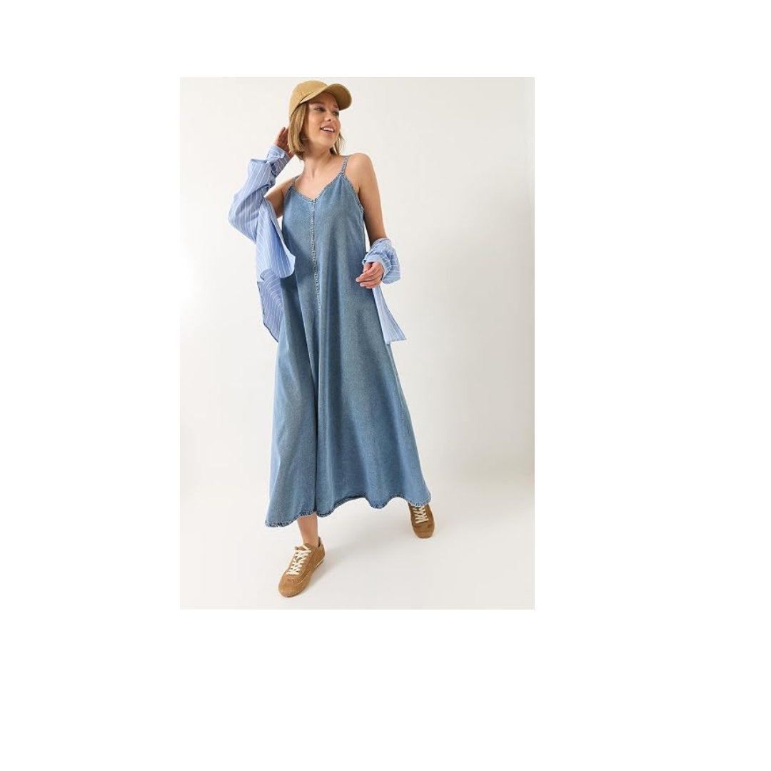 Shade İnce Askılı Uzun Denim Elbise, 60281039