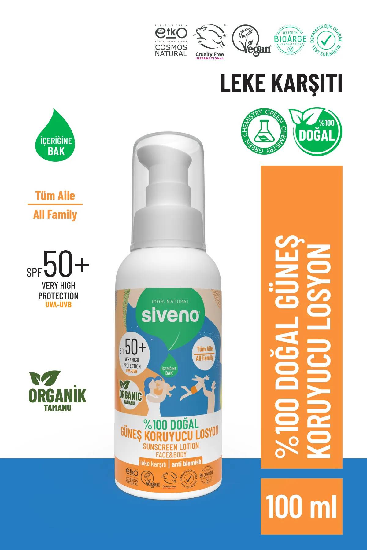Siveno %100 Doğal ve Organik Tamanu Yağlı Güneş Losyonu Mineral Filtreli 50 SPF 100 ml