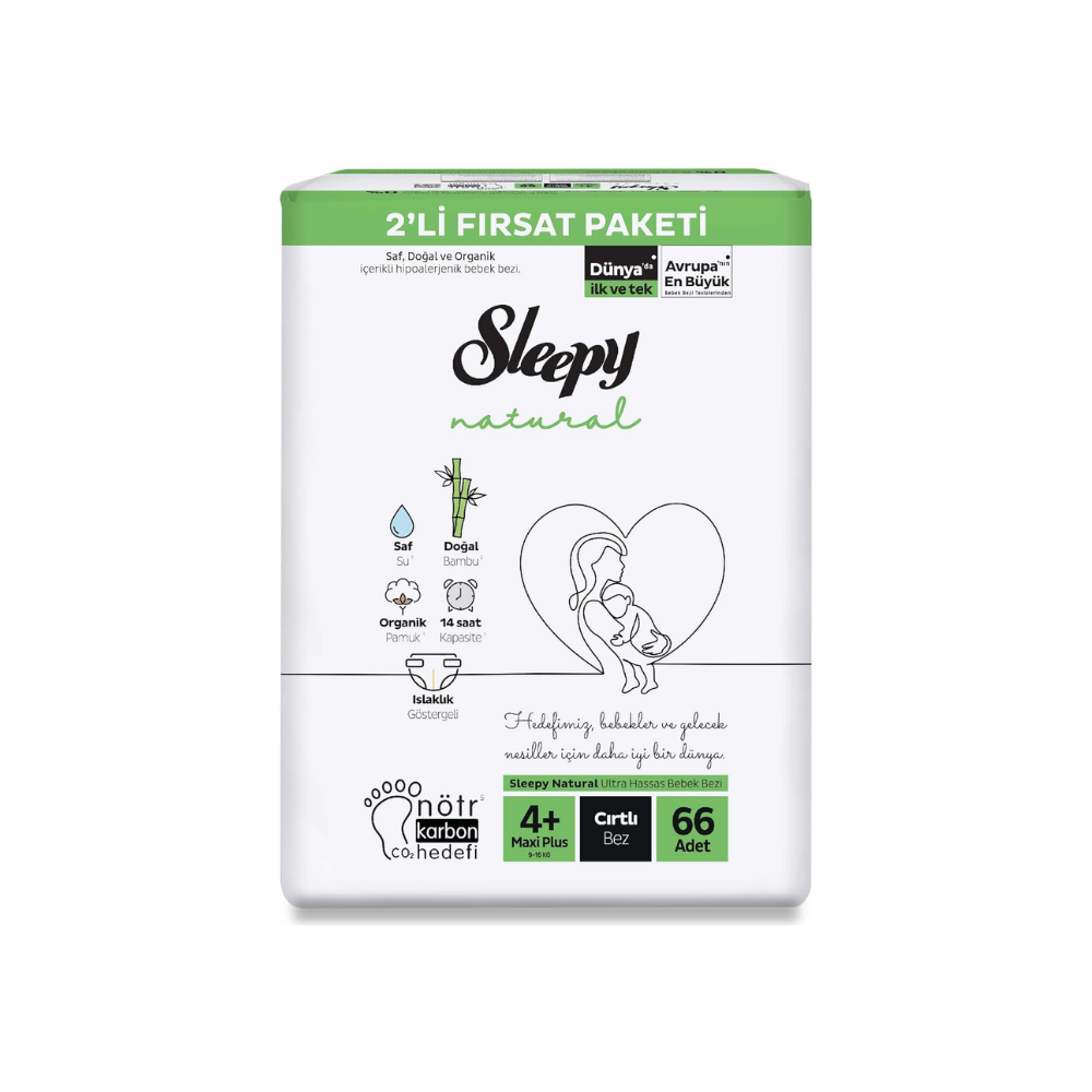 Sleepy Natural 2'li Fırsat Paketi Bebek Bezi 4+ Numara Maxi Plus 66 Adet