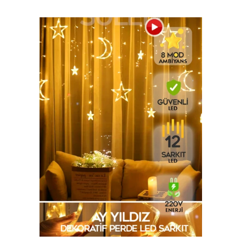 SULED Sl-1037 Ay Yıldız Perde Led 8 Mod Saçaklı Perde Peri Mutfak Işık Dekoratif Lamba Led Işık