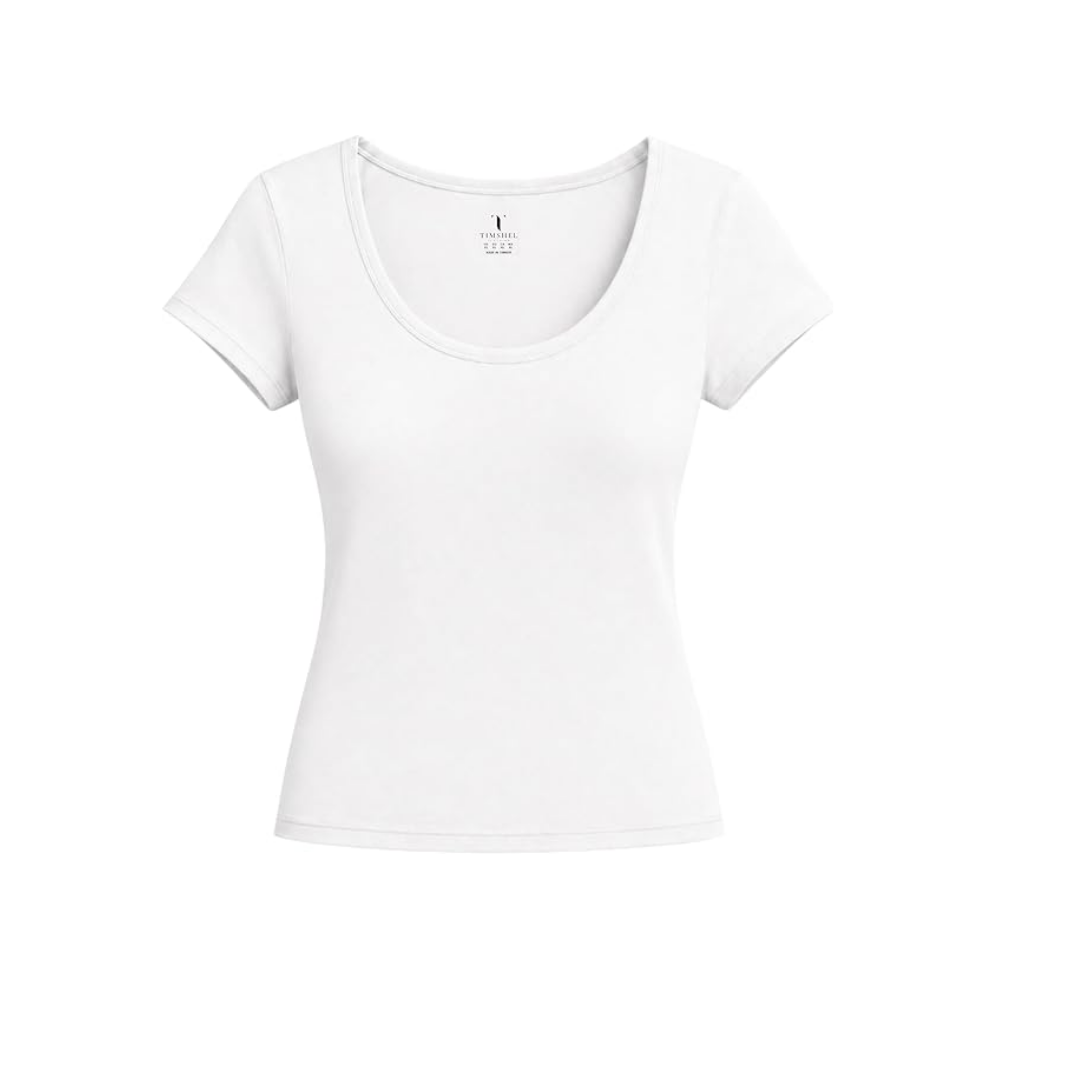 TIMSHEL Kadın%100 Pamuk Açık Yuvarlak Yaka Body T-Shirt, Slim Fit thumbnail