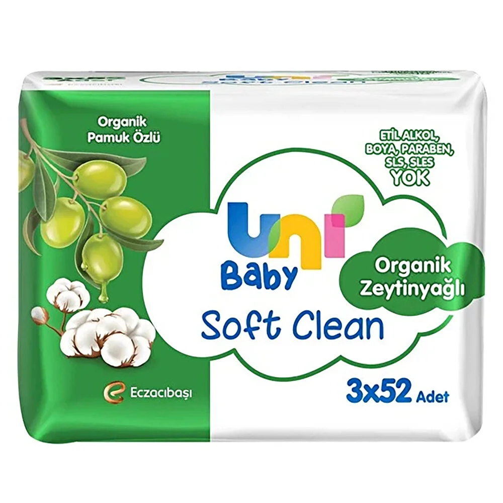 Uni Baby Soft Clean Organik Pamuk Özlü & Organik Zeytinyağlı Islak Mendil 3x52 Adet thumbnail