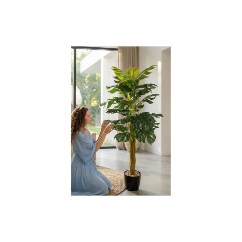 Yapay Çiçek Deposu Siyah Saksıda Yapay Deve Tabanı Ağacı 25 Yapraklı 150 cm