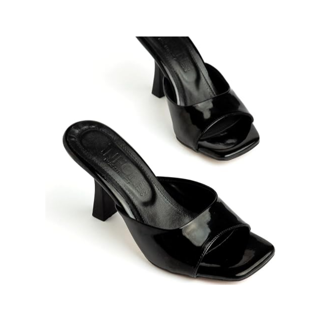 ZRİN-687 Exclusive Siyah Rugan Tek Bant Kare Topuklu Terlik 9 cm